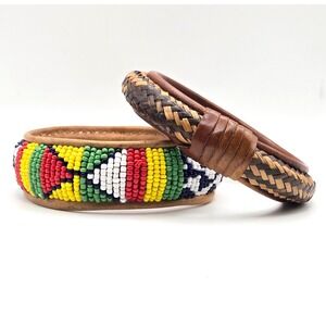 Handcrafted Leather Bangle Bracelet‎ Set Beaded Multi Color Woven Brown Tan 2pc